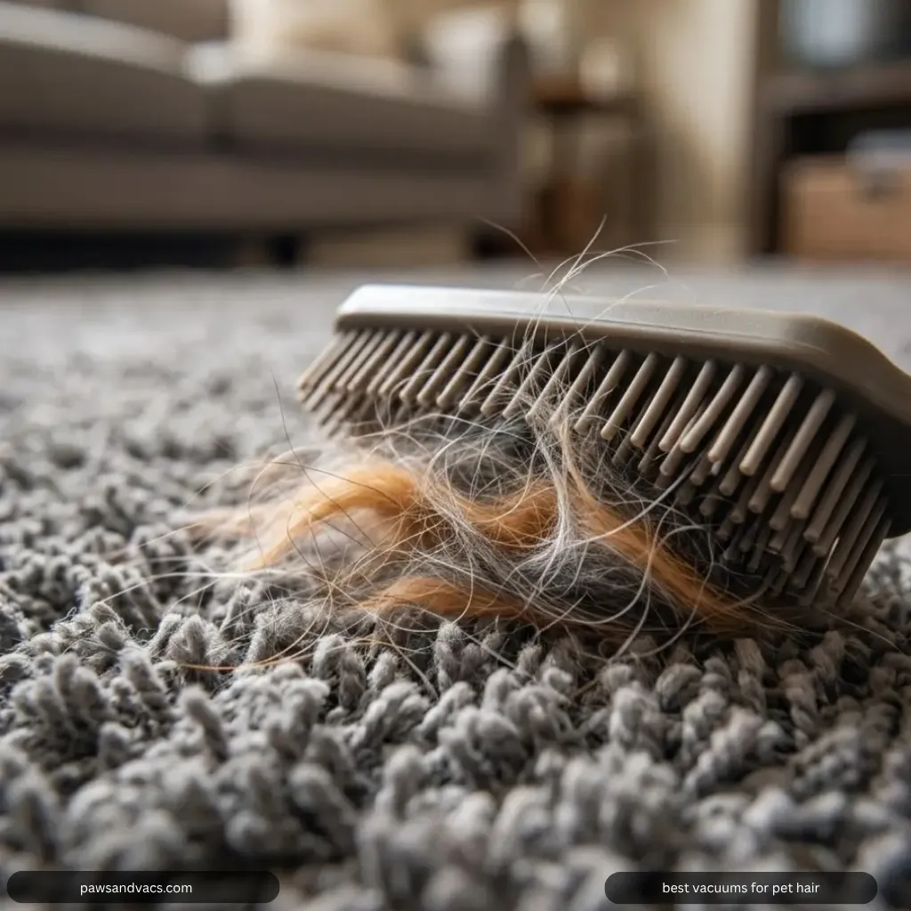 Removing embedded pet hair from carpet with a pet vacuum rubber broom and carpet rake