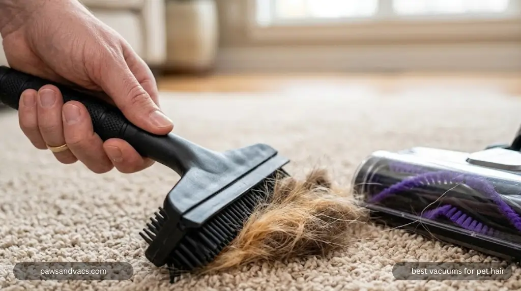 Rubber broom and pet vacuum removing embedded dog hair from carpet fibers