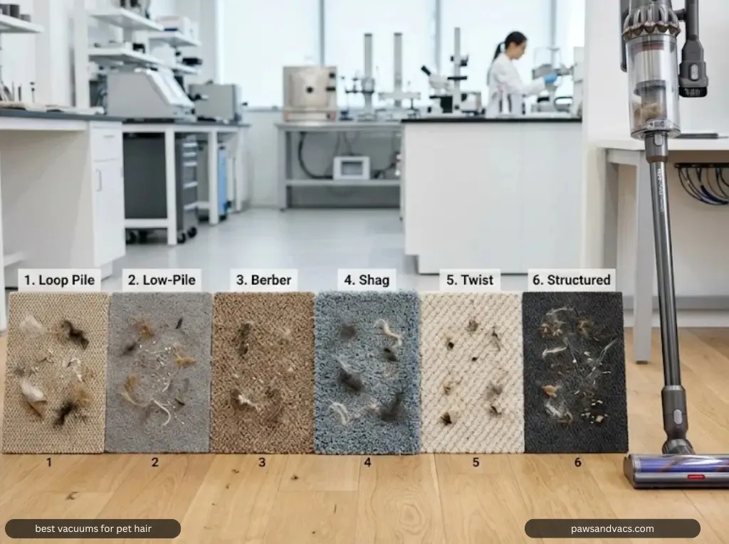 Pet hair vacuum testing setup with carpet swatches and pet hair for PawsAndVacs